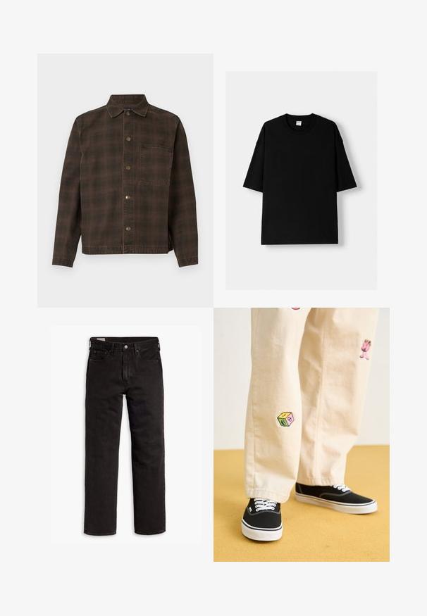 Bruine geruite jas met een knoopsluiting aan de voorkant, kraag en één borstzak. Gemaakt van een textuurstof met metalen knopen.; Zwarte katoen t-shirt met korte mouwen, ronde hals en een relaxte fit. Soepele textuur en minimalistisch ontwerp, geen patronen of accenten.; Zwarte recht gesneden denim jeans met vijf zakken, knoopsluiting en riemlussen, plat gelegd op een witte achtergrond.; Beige katoenen broek met speelse geborduurde ontwerpen, waaronder een roze figuur en een gekleurd blok, gecombineerd met zwarte veterschoenen.