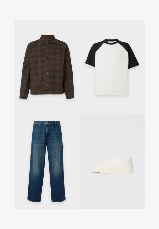Brown plaid jacket with a button-up front, collar, and single chest pocket. Made of textured fabric with metallic buttons.; Black and white short-sleeve t-shirt with a ribbed texture; features raglan sleeves and a round neck.; Wide-leg blue denim pants with faded accents, featuring a traditional button and zipper closure, and side pocket on the left.; White slip-on sneakers with a textured surface, a thick sole, and minimalistic design. Features brand logo on the side.