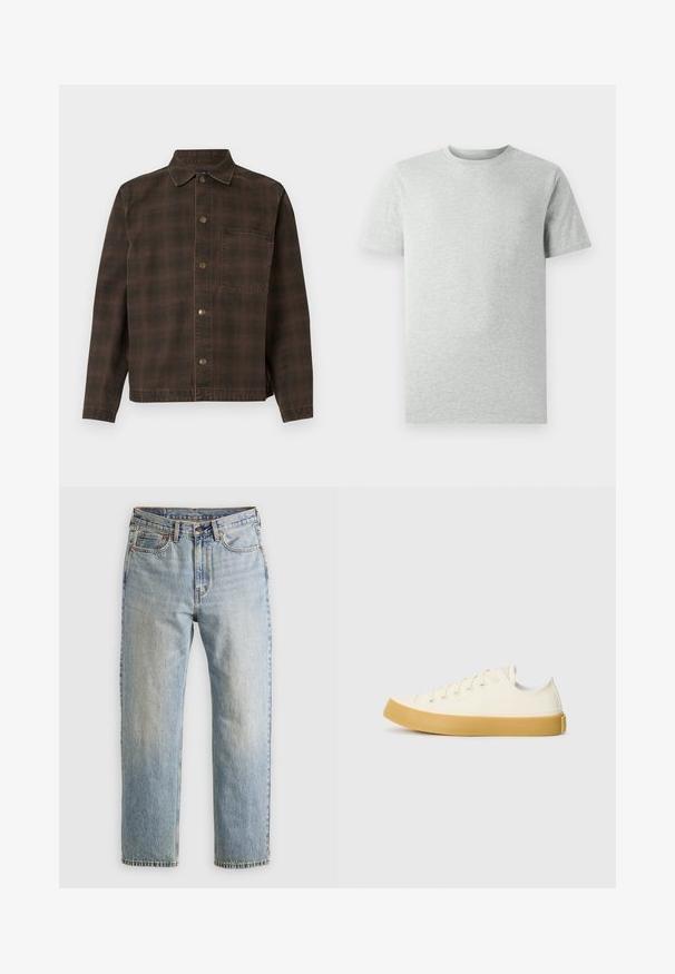 Bruine geruite jas met een knoopsluiting aan de voorkant, kraag en één borstzak. Gemaakt van een textuurstof met metalen knopen.; Effen lichtgrijze T-shirt met korte mouwen en ronde hals, weergegeven op een witte achtergrond, frontaanzicht zonder zichtbare logo's of ontwerpen.; Lichtblauwe denim jeans met hoge taille, frontknop, rits en vijfzakkenontwerp, plat gelegd op een neutrale achtergrond.; Canvas sneakers in off-white met een ronde neus, voorzien van beige rubberen zolen en vijf oogjes voor veters, met een gestructureerde afwerking op de bovenkant.