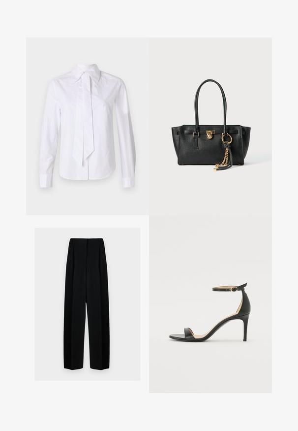 White button-up shirt with a pointed collar and a long tied neck detail. Made from smooth fabric, featuring long sleeves and fitted structure.; Black wide-leg trousers with a high waist, featuring pleats and a smooth texture. The fabric appears lightweight and drapes elegantly.; Black leather high-heeled sandal with an ankle strap. Features a smooth texture, open toe, and a thin heel. Gold-toned buckle detail.; Black leather handbag with double handles, gold lock and chain detail, and black-and-white tassel accessory against white background.