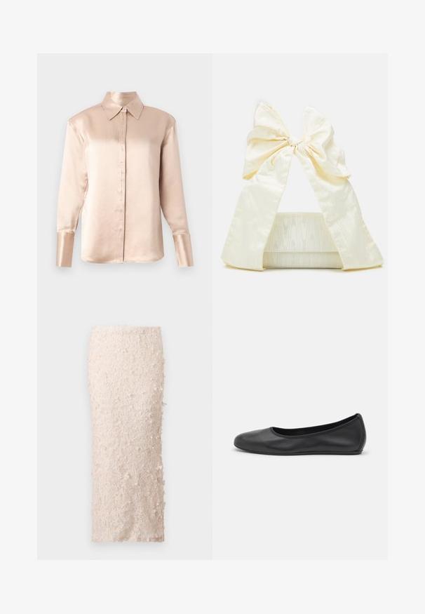 Satiinia blouse pehmeässä bežissä, klassisella kauluksella, pitkillä hihoilla, nappilista edessä ja hieman ylipuurrettu muoto. Sujuva rakenne, minimaalinen yksityiskohta.; Kermainen kynähame, joka on valmistettu pitsistä ja jossa on kukka-applikaatioita. Suunnittelu on tiukka, ja siinä on sileä pinta sekä yksityiskohtaiset koristeet.; Musta nahkainen ballerina, jossa on pyöristetty kärki, sileä pinta, minimaalinen ommelkoristelu ja joustava pohjamuotoilu.; Loeffler Randall RAMONA BOW SHOULDER BAG - Käsilaukku - cream