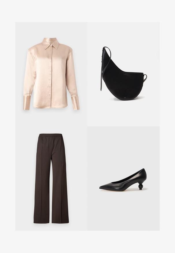 Satin blouse in zacht beige met een klassieke kraag, lange mouwen, knoopsluiting aan de voorkant en een licht oversized pasvorm. Gladde textuur, minimale details.; Wijdvallende broek in donkerbruin stof met een elastische tailleband, voorzien van een gladde textuur en scherpe lijnen voor een verzorgd uiterlijk.; Zwarte leren hoge hak schoen met een spitse neus en een ronde, bolle hak. Gladde textuur met een elegant, minimalistisch ontwerp.; Zwarte leren handtas met een gebogen maanvorm, voorzien van een slanke schouderband en subtiele gouden branding aan de voorkant. Gladde textuur met minimale hardware.