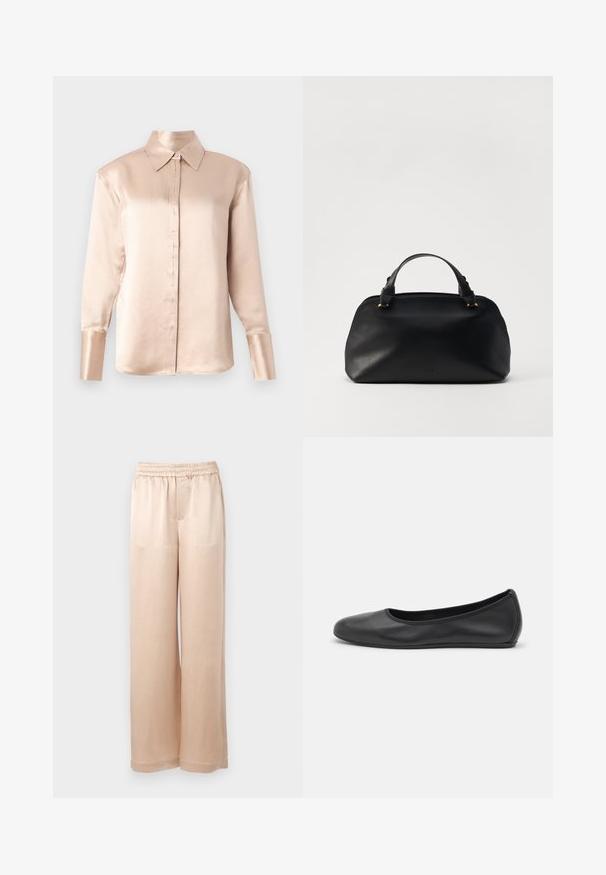 Saténová blúzka v jemnej béžovej farbe s klasickým golierom, dlhými rukávmi, zapínaním na gombíky a mierne oversized strihom. Hladká textúra, minimalizované detaily.; Svetlo béžové nohavice s širokými nohavicami vyrobené z hladkej látky s elastickým pásom a minimálnymi švami, so rovný strihom a bez vreciek.; Čierne kožené baleríny s okrúhlou špičkou, hladkým povrchom, minimálnym prešívaním a flexibilným dizajnom podrážky.; Čierna kožená kabelka s okrúhlym tvarom, dvojitými hornými uchami a jemnými akcentmi zlatého tónu. Hladká textúra s minimálnym brandingom.