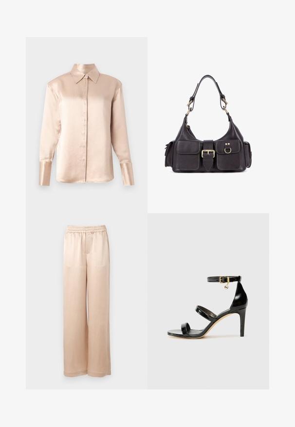 Satinbluse i blød beige med klassisk krave, lange ærmer, knaplukning foran og let oversized pasform. Glat tekstur, minimal detaljering.; Lyse beige brede bukser lavet af glat stof med elastisk talje og minimale sømme, med lige snit og uden lommer.; Sorte patenterede lædersandaler med tre stropper, ankelspænde og 10 cm stiletthæl. Har detaljer i guld og et logo charms.; Mørk læderhåndtaske med to frontlommer, en central spænde og hardware i guldtoner. Glat tekstur med en buet silhuet.