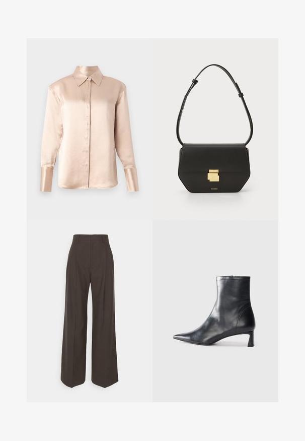 Saténová blůza v jemné béžové barvě s klasickým límcem, dlouhými rukávy, knoflíkovou přední částí a mírně oversized střihem. Hladká textura, minimální zdobení.; Tmavě hnědé kalhoty s širokými nohavicemi a vysokým pasem, s elegantně vyžehlenými puky, hladkou texturou a přesným střihem.; Černé kožené kotníkové boty s špičatou špičkou a elegantním designem. Mají nízký podpatek a zipové zapínání na zadní straně. Hladká textura.; CLOSED CLOSED ONE - Taška s příčným popruhem - black