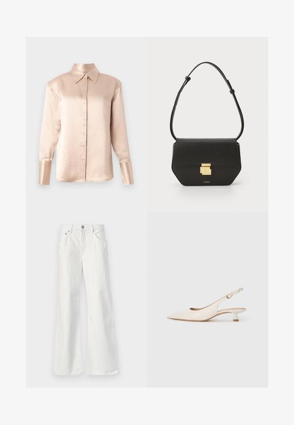 Satin blouse in soft beige with a classic collar, long sleeves, button-up front, and slightly oversized fit. Smooth texture, minimal detailing.; White denim flared jeans with a high waist, five-pocket design, and visible stitching. Features metal button and zipper closure.; Cream-colored pointed-toe slingback shoe with low kitten heel and gold buckle on plain white background.; CLOSED CLOSED ONE  - Cross body bag - black