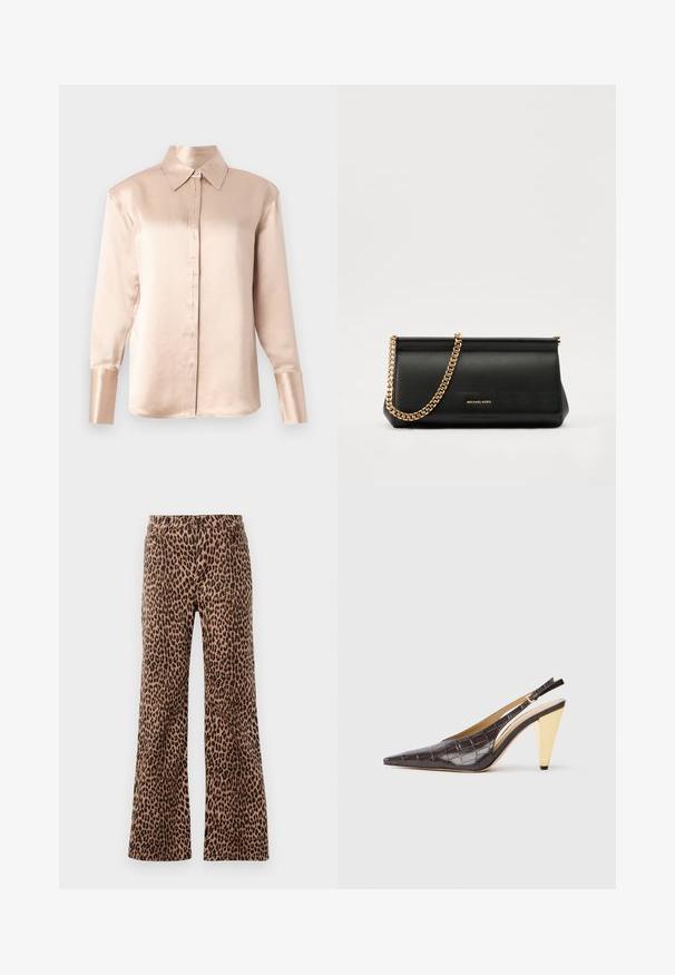 Satin blouse in zacht beige met een klassieke kraag, lange mouwen, knoopsluiting aan de voorkant en een licht oversized pasvorm. Gladde textuur, minimale details.; Beige en zwarte broek met luipaardprint in wijde pijpen, met een gladde textuur en taps toelopende zoom. Ontwerp met standaard tailleband en zakken.; Puntige slingback hak in donkerbruin glanzend faux krokodillenleer. Kenmerkt zich door een goudkleurige geometrische hak en een verstelbare enkelband.; Zwarte leren clutch tas met een gouden kettinghengsel, voorzien van een gladde textuur, rechthoekige vorm en reliëfmerk op de voorkant.