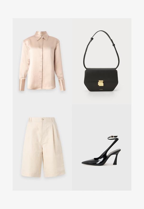 Blusa de cetim em bege suave com colarinho clássico, mangas longas, fecho frontal com botões e um corte ligeiramente oversized. Textura suave, com detalhes mínimos.; Calções de linho em tom bege, com um corte relaxado, apresentando fecho de botão, design plissado e comprimento até ao joelho. Textura suave e estilo simples.; Sapatilhas de salto alto em verniz preto, com bico afiado, tiras ajustáveis no tornozelo e um salto quadrado moderado. Textura suave com acabamento brilhante.; CLOSED CLOSED ONE - Mala a tiracolo - black