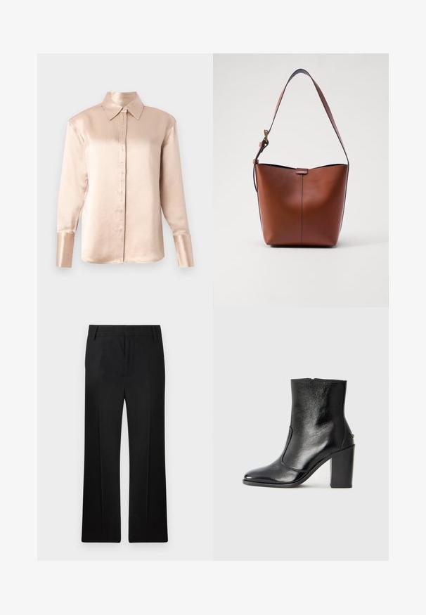 Satin blouse in soft beige with a classic collar, long sleeves, button-up front, and slightly oversized fit. Smooth texture, minimal detailing.; Black trousers, straight leg design, made of smooth fabric. Features subtle front creases and a flat waistband with belt loops.; Black leather ankle boot with a smooth texture, pointed toe, and a chunky high heel. Features a side opening and minimalistic design.; Brown leather shoulder bag with a curved shape, smooth texture, and a single thin strap. Features a subtle seam and a small logo detail.