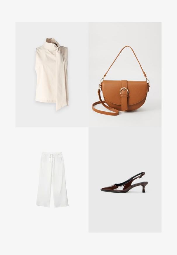 Krémový top bez rukávov s vysokým golierom a veľkým bočným mašľovým detailom. Vyrobený z hladkej, ľahkej tkaniny so jednoduchým dizajnom.; Biele široké nohavice vyrobené z mäkkej látky, s pásekom na sťahovanie a dvoma prednými vreckami. Hladká textúra a bez viditeľných vzorov.; Hnedá lakovaná slingback obuv s špicatou špičkou a mierne vysokým opätkom. Obsahuje pracku pre bezpečné upevnenie. Hladká textúra.; Hnedá kožená kabelka cez telo s zakriveným tvarom, zlatými kovovými doplnkami a akcentom s prackou. Obsahuje odnímateľný ramenný popruh.