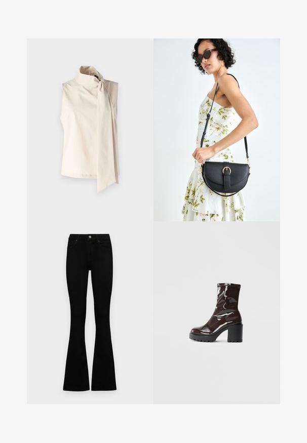 Iegādāta krēmkrāsas bezpiedurkņu blūze ar augstu apkakli un lielu sānu loku. Izgatavota no gluda, viegla auduma ar vienkāršu dizainu.; Melni augsta jostas šorti ar pogu un rāvējslēdzēju, priekšējām kabatām un izplestām kājām, nolikti uz balta fona.; Spīdīgas bordo potīšu botītes ar masīlu melnu papēdi, kurām ir gluda tekstūra un vienkāršs dizains. Nav redzamu aizdari vai rakstu.; Melnas ādas rokassoma ar izliekta formu, noņemamu siksnu un zelta aksesuāriem. Somai ir vāciņš ar sprādzes detaļu.