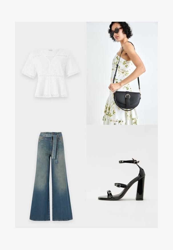 Top corto de manga corta en blanco, hecho de algodón bordado, con escote en V, cierre de botones y detalles de encaje decorativos a lo largo del dobladillo y las mangas.; Pantalones de mezclilla de pierna ancha con un degradado de azul claro a oscuro, cintura alta, trabillas para cinturón y un cinturón de tela a juego. Acabado de mezclilla texturizada.; Sandalias de tacón de charol negro con punta cuadrada, correas en el tobillo y hebillas plateadas. Presentan un tacón grueso para mayor estabilidad.; Bolso de piel negra con forma curva, correa desmontable y herrajes dorados. El bolso cuenta con una solapa con un detalle de hebilla.
