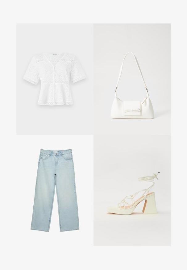 Weißes, kurzärmliges Oberteil aus bestickter Baumwolle mit V-Ausschnitt, Knopfverschluss und dekorativen Spitzenakzenten entlang dem Saum und den Ärmeln.; Helle blaue, weite Jeans aus Denim mit hoher Taille, fünf Taschen und subtilen Ausbleichungen. Gerader Schnitt mit gesäumten Kanten.; Weiße High-Heel-Sandale mit einem klobigen Absatz, die über ein Riemchendesign und ein Knöchelband verfügt. Glatte Textur mit einer Plattform vorne für zusätzliche Höhe.; Weiße synthetische Handtasche in dreieckiger Form, flache Vorderklappe und Schleifendetail, verstellbarer Trageriemen, glatte Textur und minimalistisches Design.