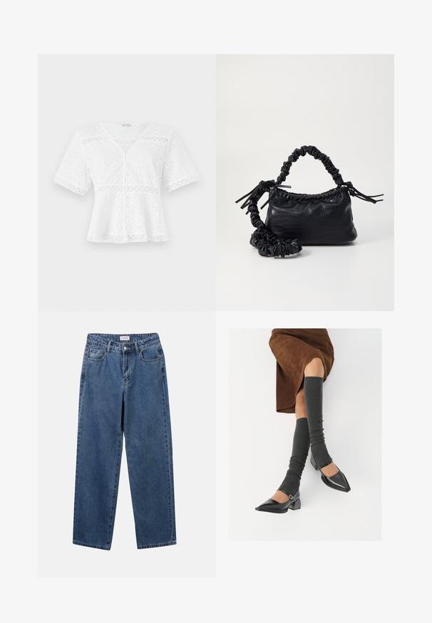 Top branco de mangas curtas feito de algodão bordado, com decote em V, fecho de botão e detalhes em renda decorativa ao longo da bainha e das mangas.; Jeans de denim azul clássicos com um design de perna reta, cinco bolsos e fecho de botão. Apresenta um tratamento médio e uma textura resistente.; Sapatos pretos de pele lacada com biqueira pontuda, salto bloco e tiras no tornozelo, combinados com caneleiras cinzas em malha e uma saia de camurça castanha.; Bolsa de mão em couro sintético preto com textura de crocodilo, topo franzido e alça enrugada. Apresenta um design suave e compacto.