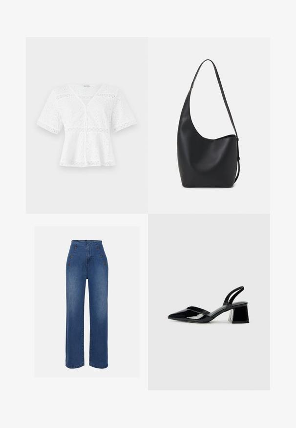 Haut blanc à manches courtes en coton brodé, avec un col en V, une fermeture à boutons et des accents en dentelle décorative le long de l'ourlet et des manches.; Jeans en denim taille haute de couleur bleu moyen. Ils présentent des accents de boutons à l'avant et un design à jambes larges. Le tissu a une texture lisse avec un léger délavage.; Escarpins en cuir verni noir avec bout pointu et talon bloc géométrique. Présente un design élégant et minimaliste ainsi qu'une texture lisse.; Sac hobo en cuir noir avec une texture lisse, une forme incurvée et une seule sangle réglable ; dispose d'une large ouverture en haut.