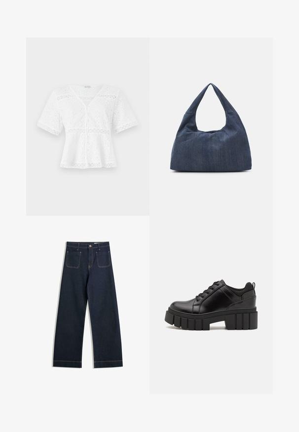 Biała bluzka krótko rękawowa wykonana z haftowanej bawełny, z dekoltem w serek, zapięciem na guziki oraz dekoracyjnymi koronkami wzdłuż dołu i rękawów.; Granatowe, szerokie dżinsy wykonane z denimu, z kontrastującym, jasnobrązowym przeszyciem, dwiema tylnymi kieszeniami i zapięciem na guzik w talii.; Czarne skórzane buty na platformie z masywnym słupkowym obcasem, okrągłym noskiem i klasycznym sznurowaniem. Posiadają gładką teksturę i minimalne wykończenia.; Ciemnoniebieska torba dżinsowa o miękkim, luźnym kształcie, z uchwytem w stylu hobo i teksturowaną powierzchnią. Brak widocznych akcentów z metalu.