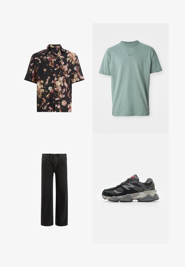 Rövid ujjú fekete ing, rózsaszín, krém és bordó árnyalatú virágmintával. Könnyű anyagból készült, gombos dizájnnal.; Zöld pamut póló rövid ujjakkal, bordás kerek nyakkivágással és hímzett Nike logóval a mellkasán. Simá szövet és laza fazon.; Fekete farmerszövet, bő szárú nadrág magas derékkal, klasszikus ötpocket kivitelben, és finom kopással a texturált megjelenés érdekében.; Fekete és szürke sportcipő, amely velúr és hálós anyagok keverékéből készült, vastag talppal, hangsúlyos logóval és piros akcentussal a nyelvén.