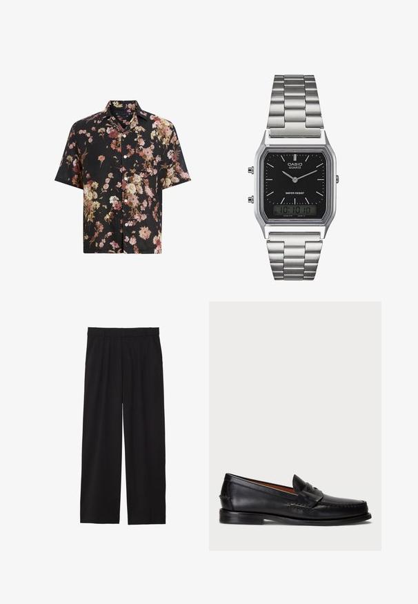 Camisa de manga corta negra con un patrón floral en tonos de rosa, crema y burdeos. Fabricada en material ligero con un diseño de botones.; Pantalones de pierna ancha negros con frente plisado, bolsillos laterales y una textura de tela suave. Diseñados para un ajuste relajado.; Mocasin de cuero negro con punta redondeada, detalles de costura y una correa decorativa en la parte frontal. Suela plana con un perfil minimalista.; Reloj de cuarzo de acero inoxidable plateado con una esfera rectangular negra, que presenta manecillas analógicas, pantalla digital y etiqueta de resistencia al agua.