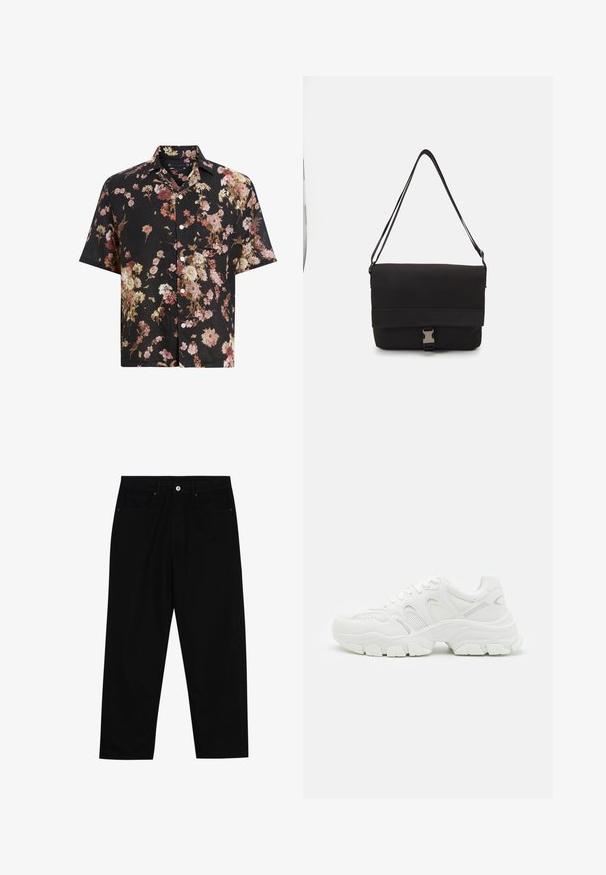 Kortermet svart skjorte med blomstermønster i nyanser av rosa, krem og burgunder. Laget av lette materialer med knappefeste.; Sorte denimbukser med rett benklipp, fem-lomme design og frontknappåpning. Jevn tekstur med minimale sømdetaljer.; Hvite sportsko med mesh-overdel og lærdetaljer, teksturert gummisåle og en robust design med merkbare konturer.; Svart budveske laget av glatt materiale, med en klaff som kan legges over, sølvfarget spenne og en justerbar skulderrem.