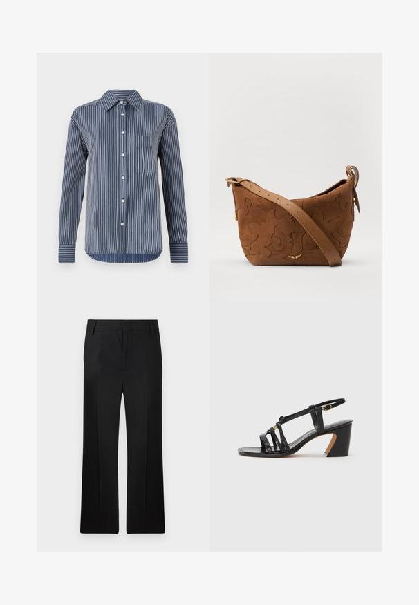 Košeľa na gombíky v námorníckej modrej a bielej pruhovanej kombinácii, s dlhými rukávmi, jednou náprsní vreckom a klasickým golierom, vyrobená z ľahkej textílie.; Čierne nohavice, strih rovného nohu, vyrobené z hladkej tkaniny. Obsahujú jemné predné pľúca a plochý pás s pútkami na opasok.; Paul Smith AMIRA - Klasické lodičky na opätku - black; Hnedá semišová kabelka na rameno s embosovaným kvetinovým vzorom, doplnená hladkým hnedým koženým popruhom a zlatými kovovými doplnkami.