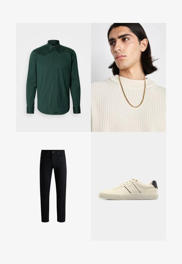 Ciemnozielona koszula z długim rękawem zapinana na guziki, wykonana z gładkiej bawełny, z wyraźnym kołnierzykiem i mankietami, o prostym kroju i minimalnych detalach.; Czarne jeansy slim fit z pięcioma kieszeniami, zapięciem na guzik i pętelkami na pasek, wyeksponowane na białym tle.; Sneakers w kolorze kremowym o gładkiej teksturze, z czarnymi akcentami i logo. Klasyczny fason na sznurówki, z okrągłym czubkiem i gumową podeszwą.; Złoty naszyjnik noszony na kremowym swetrze z prążkowanego dzianiny; miękka tekstura z wysokim kołnierzem i subtelnym wzorem w tkaninie.