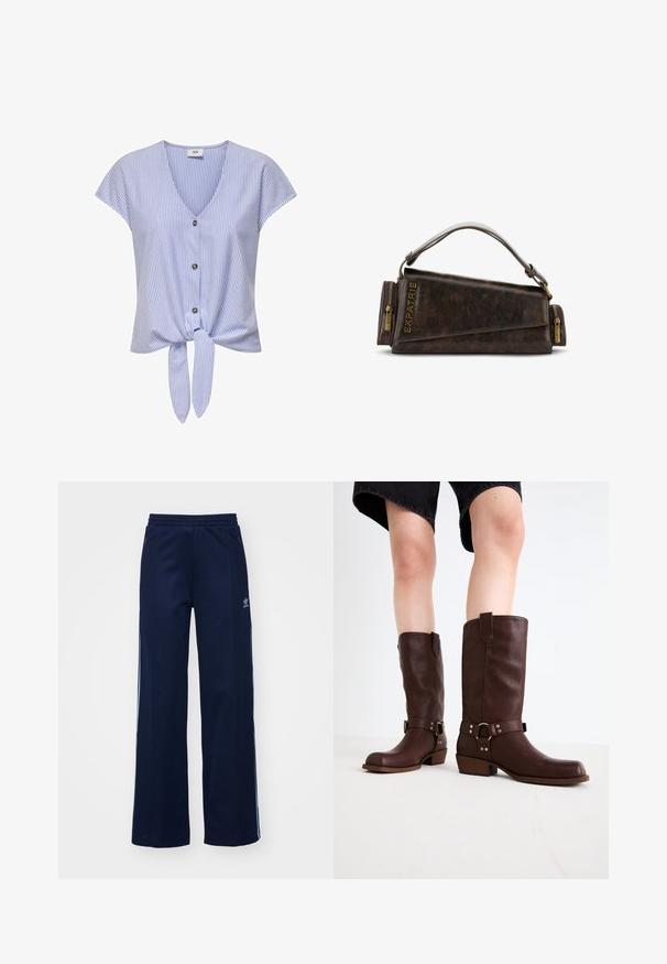 Bluză scurtă cu dungi albastre și albe, cu mâneci scurte, guler în V, închidere cu nasturi în față și fundă la baza, fabricată dintr-un material ușor.; Pantaloni de trening din amestec de bumbac, de culoare bleumarin, cu croială largă, talie elastică și buzunare cu fermoar, având dungi laterale albe și detalii cu logo.; Cizme din piele maro, până la genunchi, cu vârf rotunjit, suprafață texturată, curea la gleznă și detalii din metal argintiu; toc înălțat.; Geantă din piele maro cu un design geometric, având un mâner superior și accente din alamă la fermoar. Logo-ul este embosat pe lateral.