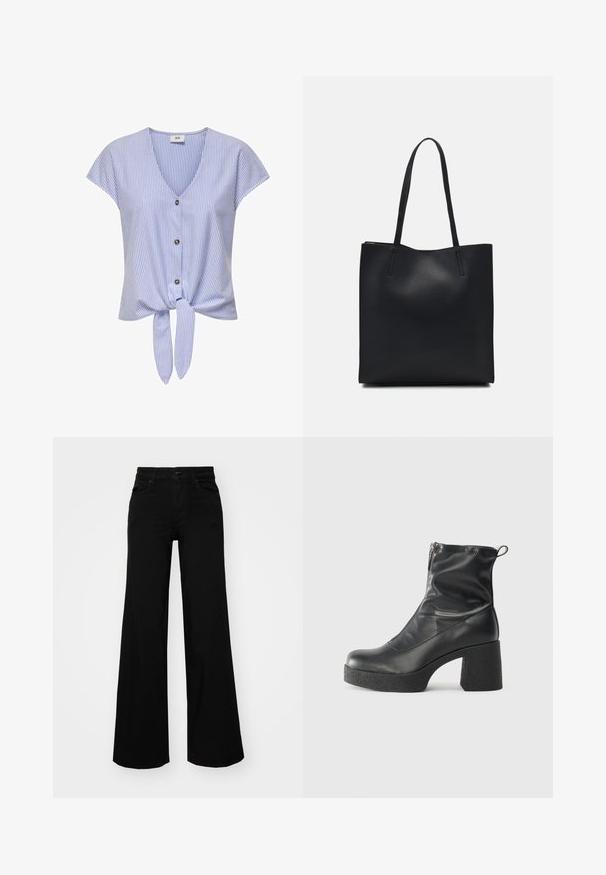 Modrá a bílá pruhovaná blůza s krátkým rukávem, s výstřihem do V, předním zapínáním na knoflíky a uvázaným spodním lemem, vyrobená z lehké látky.; Černé široké kalhoty vyrobené z denimu, s pevným pasem, poutky na opasek a předními kapsami. Hladká textura s klasickým designem.; Černé kotníkové boty vyrobené z hladké kůže, s bočním zipem, robustním strukturovaným podpatkem a kulatou špičkou.; Černá kožená taška přes rameno s hladkým povrchem, obdélníkovým tvarem a dvěma dlouhými uchy. Žádné viditelné kování ani ozdoby.
