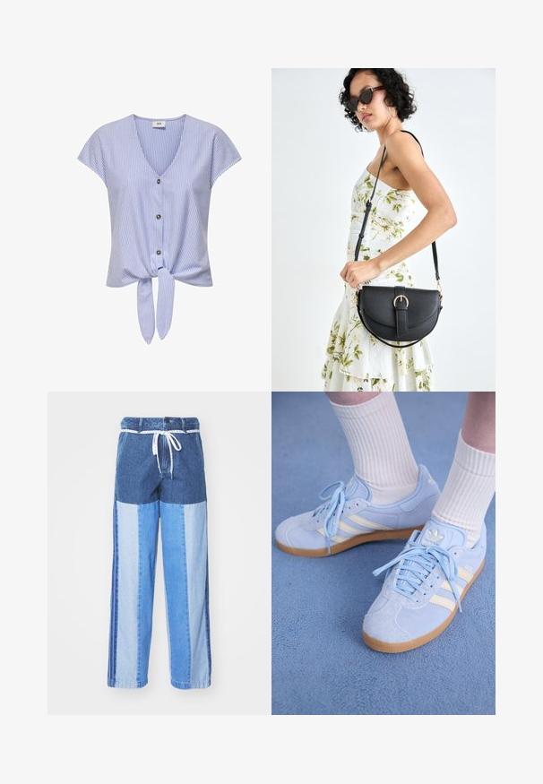 Zila un balta svītrainā īsajās piedurknēs blūze, ar V formas izgriezumu, pogu priekšpusi un sasietu apakšu, izgatavota no viegla auduma.; Zilā džinsa bikses ar pārlikuma dizainu, kas sastāv no dažādiem zilās krāsas toņiem, ar auklu jostu un brīvām, taisnām kājām.; Gaiši zila zamšādas sporta apavi ar baltām svītrām, plakaniem šņorēm un gumijas zoli. Virs potītes ir uzvilktas ribotas baltas zeķes.; Melnas ādas rokassoma ar izliekta formu, noņemamu siksnu un zelta aksesuāriem. Somai ir vāciņš ar sprādzes detaļu.