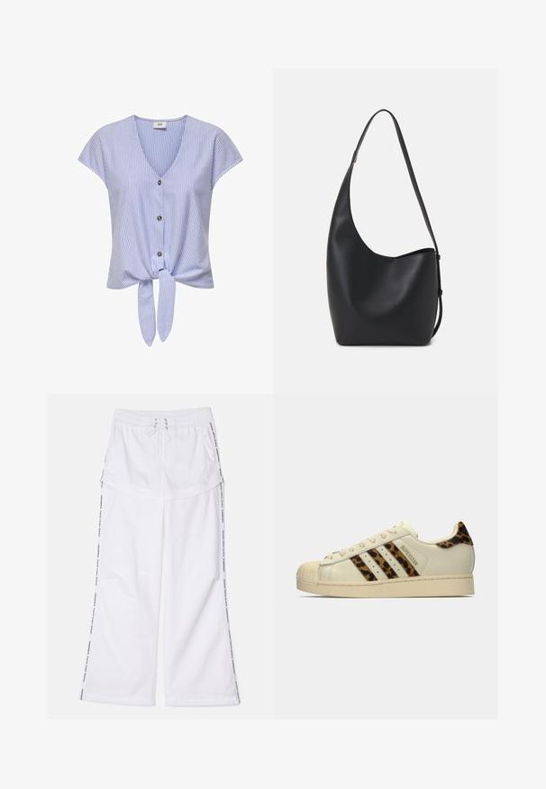 Blå- og hvidstribet kortærmet bluse med V-hals, knaplukning foran og bund der kan ties, lavet af letvægtsstof.; Hvide brede bukser med elastisk talje og snøre. Har sidelommer med tekst og en afslappet, blød tekstur.; Off-white Adidas Superstar sneakers med leopardmønstrede striber og hælplet, beige gummi-fodtås og "SUPERSTAR" tekst på siden.; Sort læder hobo taske med en glat overflade, buet form og en enkelt justerbar rem; har en bred åbning øverst.