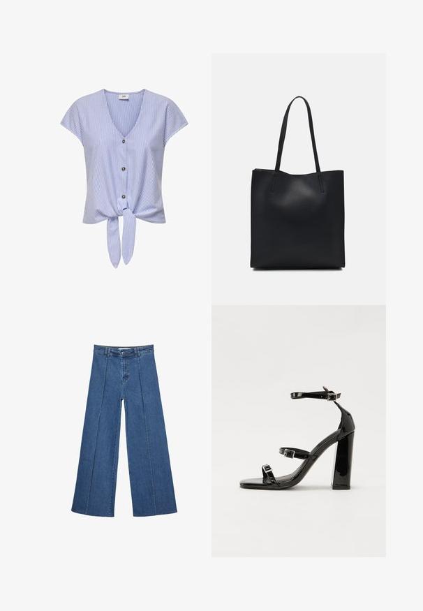 Blouse à manches courtes rayée bleu et blanche, avec un col en V, des boutons sur le devant et un bas noué, fabriquée en tissu léger.; Jeans en denim à jambes larges de couleur bleu moyen, présentant une taille haute, une fermeture à bouton et des détails de couture verticaux contrastants à l'avant.; Sandales à talons hauts en cuir verni noir avec deux brides à boucles, bout carré et talon bloc épais, présentant une texture lisse et brillante.; Sac fourre-tout en cuir noir avec une texture lisse, de forme rectangulaire et deux longues poignées. Pas de matériel ou d'ornementations visibles.