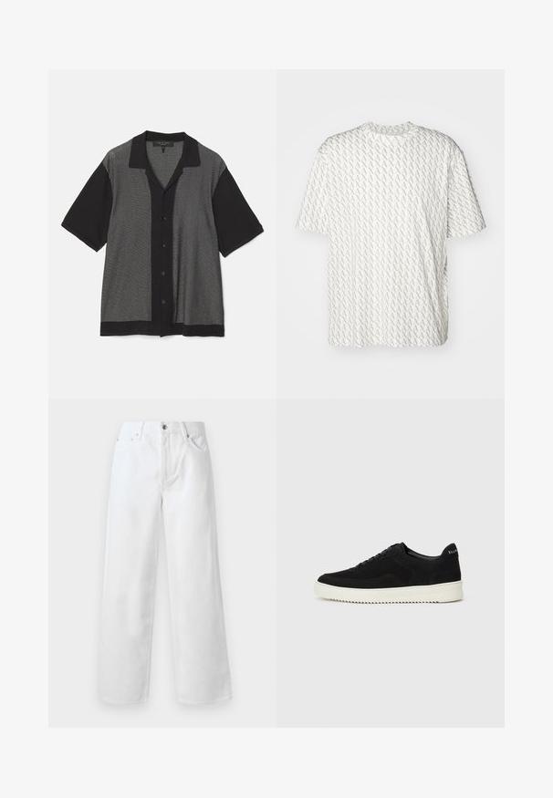 Black and gray short-sleeve shirt with a vertical striped pattern, button front, and a collared neckline. Made of soft knit fabric.; White t-shirt featuring a repeating grey "A" pattern, short sleeves, a round neckline, and a relaxed fit. Made from soft fabric.; rag & bone BAGGY - Baggy Jeans - white; Black suede sneaker with lace-up design and contrasting white rubber sole. Features textured side panels and subtle branding on the heel.