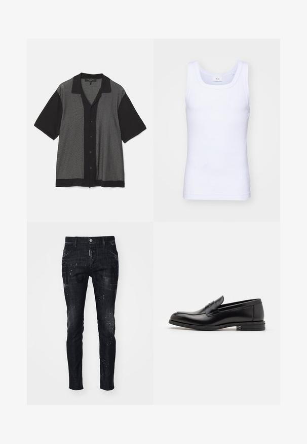Black and gray short-sleeve shirt with a vertical striped pattern, button front, and a collared neckline. Made of soft knit fabric.; White cotton sleeveless tank top with a round neckline, featuring a smooth texture and a fitting shape, designed for casual wear.; Black denim jeans with a slim fit, featuring a distressed finish, splatter pattern, and front pockets. Branding is visible on the front.; Black leather loafers with a smooth texture, rounded toe, and a decorative strap across the vamp. Low stacked heel, minimalist design.