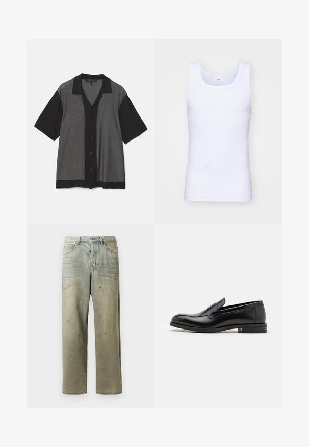 Schwarz- und grau gestreiftes Kurzarmhemd mit vertikalem Muster, Knopfleiste und Kragen. Aus weichem Strickstoff gefertigt.; Weißes Baumwoll-Top ohne Ärmel mit rundem Ausschnitt, ausgestattet mit einer glatten Textur und einer figurbetonten Form, ideal für die Freizeit.; Distressed Denim-Jeans in Hellgrün, mit geradem Bein, Fünf-Taschen-Design und ungleichmäßiger Ausbleichung sowie Farbspritzern.; Schwarze Lederloafers mit glatter Textur, rundem Zehenbereich und einem dekorativen Riemen über dem Vorderfuß. Niedriger, gestapelter Absatz, minimalistisches Design.