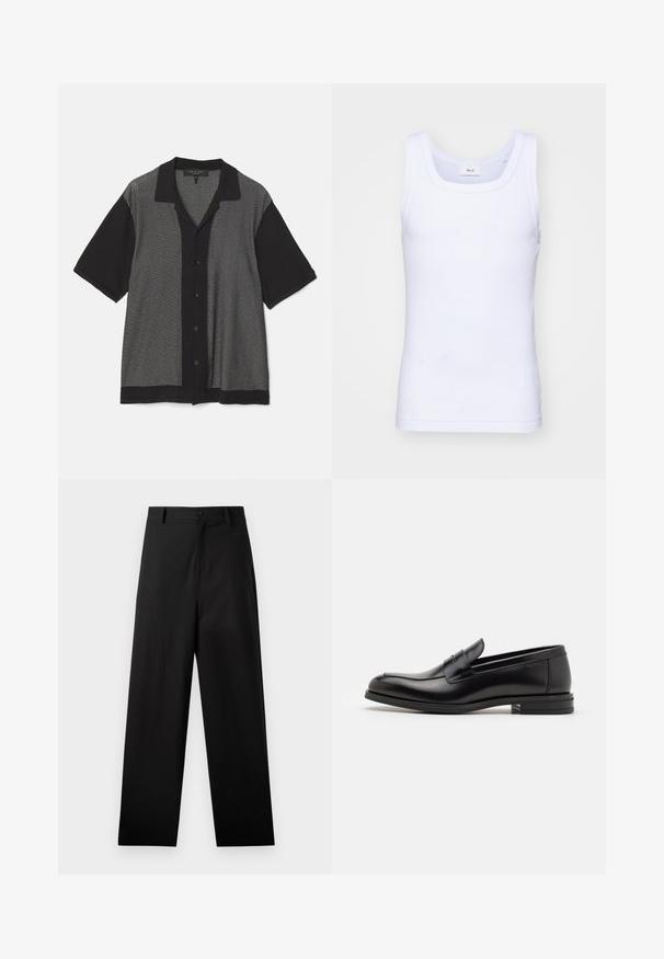 Črna in siva kratka majica s kratkimi rokavi, s pokončnim črtastim vzorcem, gumbom spredaj in ovratnikom. Narejena iz mehkega pletenega blaga.; Bela bombažna brezrokavna majica s krošnjo, ki ima gladko teksturo in prilegajočo obliko, zasnovana za sproščeno nošenje.; Črne hlače iz bombaža s ravno nogo obliko, ki imajo sprednji gumb in stranske žepe. Gladka tekstura, brez vzorcev.; Črne usnjene loafer čevlje z gladko teksturo, zaobljenim nosom in dekorativnim trakom čez zgornji del. Nizka zložena peta, minimalističen dizajn.