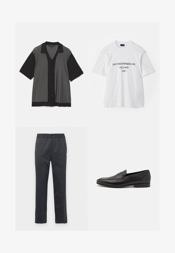 Zwart en grijs shirt met korte mouwen, voorzien van een verticale gestreepte print, knoopsluiting aan de voorkant en een kraag. Gemaakt van zacht breiwerk.; Witte katoenen t-shirt met korte mouwen, met de tekst "EMPORIO ARMANI MILANO 1981" in donkergrijze letters en een logo. Klassiek ontwerp met ronde hals.; Donkergrijze recht-toe-rechtdoor broek met elastische tailleband, sluiting met knoop aan de voorkant en subtiele geborduurde details aan de rechterzijde.; Zwarte leren herenloafers met een lage hak en een klassiek pennystrap-ontwerp, getoond in zijaanzicht op een witte achtergrond.