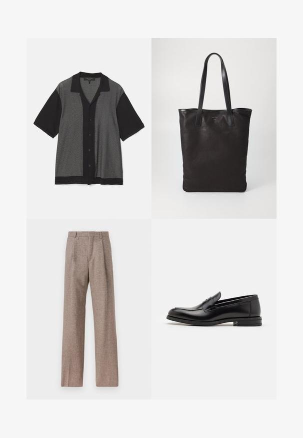 Sort og grå kortærmet skjorte med et lodret stribet mønster, knapfront og krave. Fremstillet af blødt strikstof.; Brune, højtaljede bukser lavet af tekstureret stof. Har brede ben og to frontfoldninger for struktur. Pæn finish uden synlig hardware.; Sorte læderloafers med en glat overflade, rund tå og en dekorativ strop over vampen. Lav hæl med stabeldesign, minimalistisk stil.; Sort lærred tote taske med sorte læderhåndtag. Simpelt design, rummelig krop og en glat overflade. Ingen synlige logoer eller mønstre.