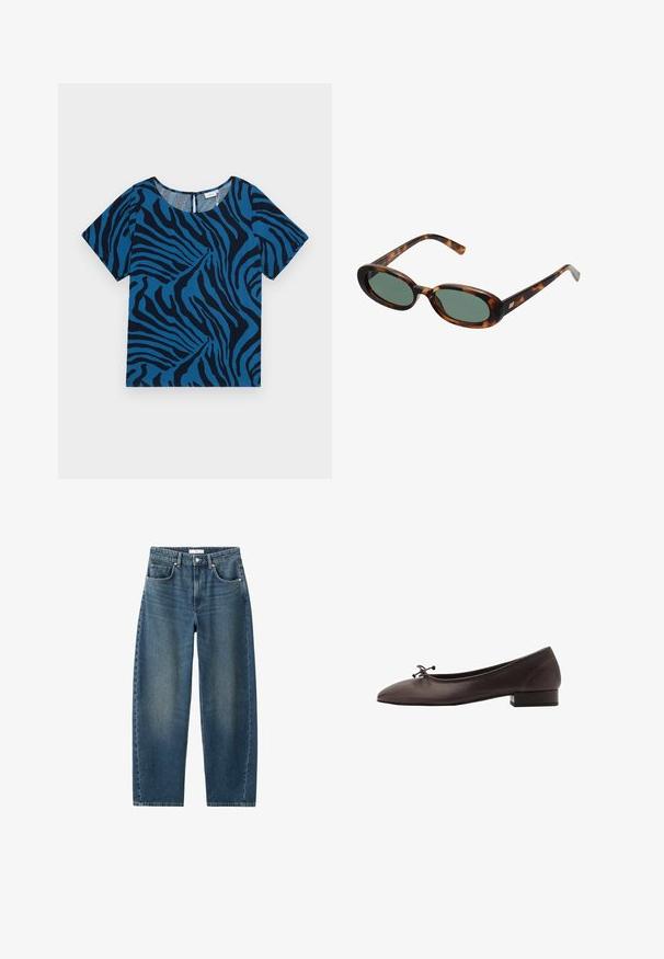 Modrá krátkopytová tričko s výrazným čiernym pruhovaným vzorom zebry na textúrovanej tkanine. Okrúhly výstrih s miernym otvorom na chrbte.; Tmavomodré denimové džínsy so rovnými nohavicami, dizajnom s piatimi vreckami a klasickým gombíkovým zapínaním. Mäkka textúra s jemným vyblednutím.; Hnedé kožené baletky s zaoblenou špičkou a malým blokovým podpätkom. Obsahujú tenkú mašľu vpredu a jemné švy.; Slnečné okuliare v štýle korytnačiny s oválnymi rámami a zelenými sklami. Majú tenké nožičky s kovovým akcentom pri pántoch.; Tkaná žltá kabelka s oblúkovou hornou rukoväťou a neštruktúrovaným tvarom. Textúrovaný povrch obsahuje krížový vzor.