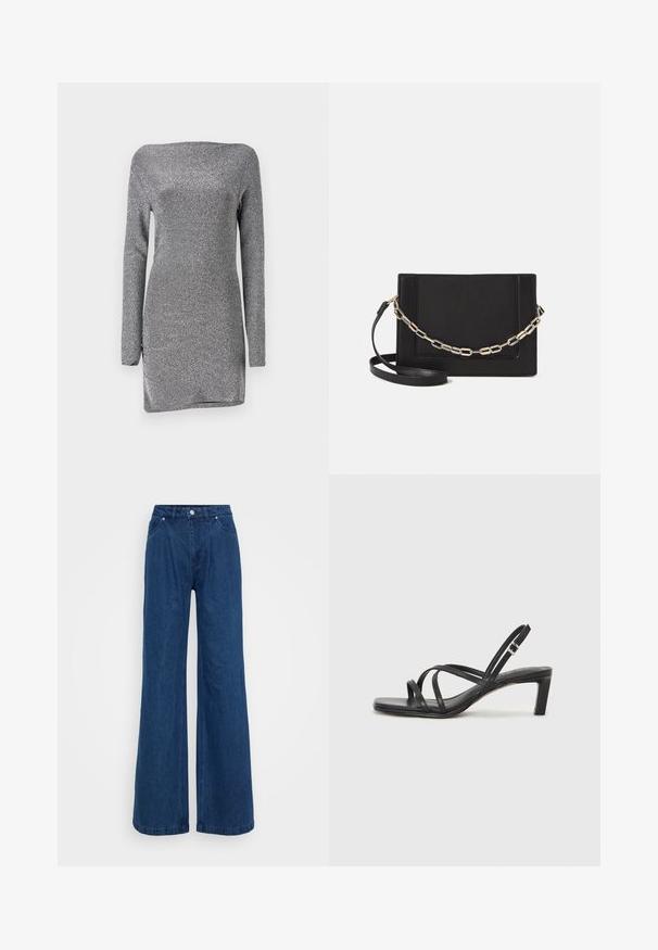 Sølv, langermet kjole med en tettsittende silhuett, laget av et teksturert, glitrende stoff, med avdempet utringning og en sideslitt.; Bredde ben jeans i blå denim med høy midje, frontlås med knapp og glidelås, samt front- og baklommer mot en ensfarget bakgrunn.; Sorte sandaler med stropper, firkantet tå og lav blokk hæl. Har flere tynne stropper og en justerbar ankelstropp. Laget av glatt lær.; Svart lær crossbody-veske med glatt tekstur, rektangulær form og metallkjede detaljer på framsiden. Justerbar stroppe inkludert.
