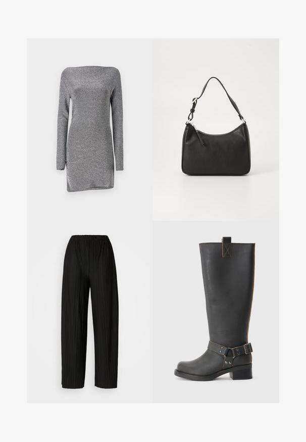 Roșie, rochie cu mâneci lungi, cu o siluetă ajustată, realizată dintr-un material texturat și strălucitor, având decolteu asimetric și o fanta pe lateral.; Pantaloni negri cu pliuri largi și talie elastică. Materialul are pliuri verticale și o textură netedă.; Cizmă înaltă din piele neagră, cu un finisaj texturat, având un accent cu cataramă pe lateral și un toc mic. Cusături detaliate de-a lungul cusăturilor.; Geantă de mână din piele neagră, cu o formă curbată, curea unică, închidere cu fermoar și un branding subtil pe față. Textură fină, design minimalist.