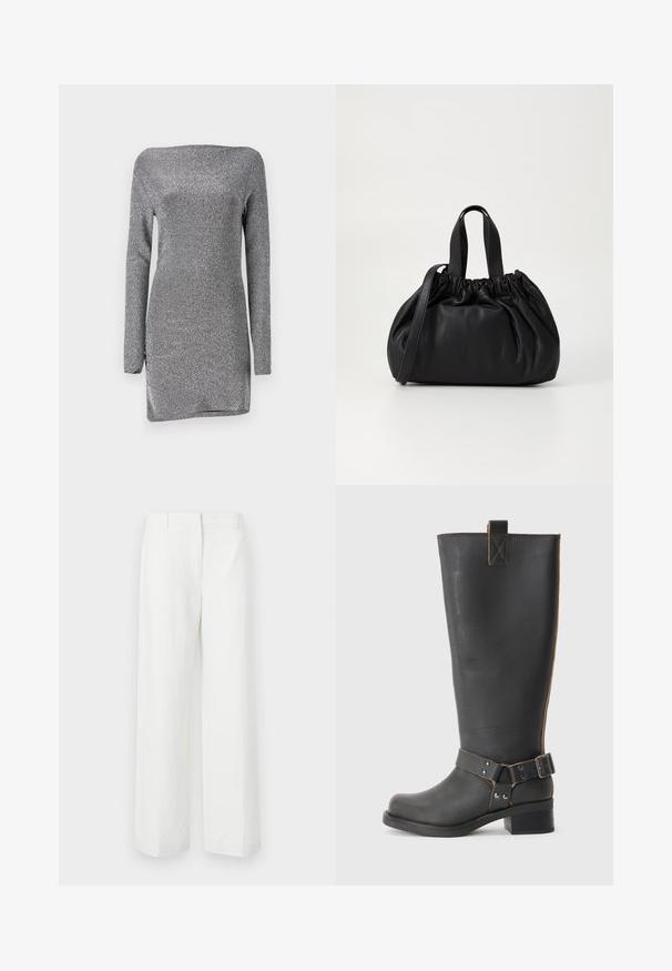 Strieborné šaty s dlhými rukávmi a priliehavým strihom, vyrobené z textúrovaného, lesklého materiálu, s výstrihom bez ramienok a bočným rozparkom.; Biele široké nohavice s hladkou textúrou, so plochým predným dielom a prežehlenými záhybmi. Vyrobené z ľahkého materiálu, bez viditeľných vzorov.; Čierna kožená čižma po kolená s textúrovaným povrchom, obsahujúca postranný akcent s prackou a nízkym opätkom. Podrobné prešitie pozdĺž švov.; Čierna kožená kabelka so zberaným vrchom, s dvoma krátkymi držadlami a dlhým nastaviteľným popruhom. Hladká textura, zaoblený tvar.