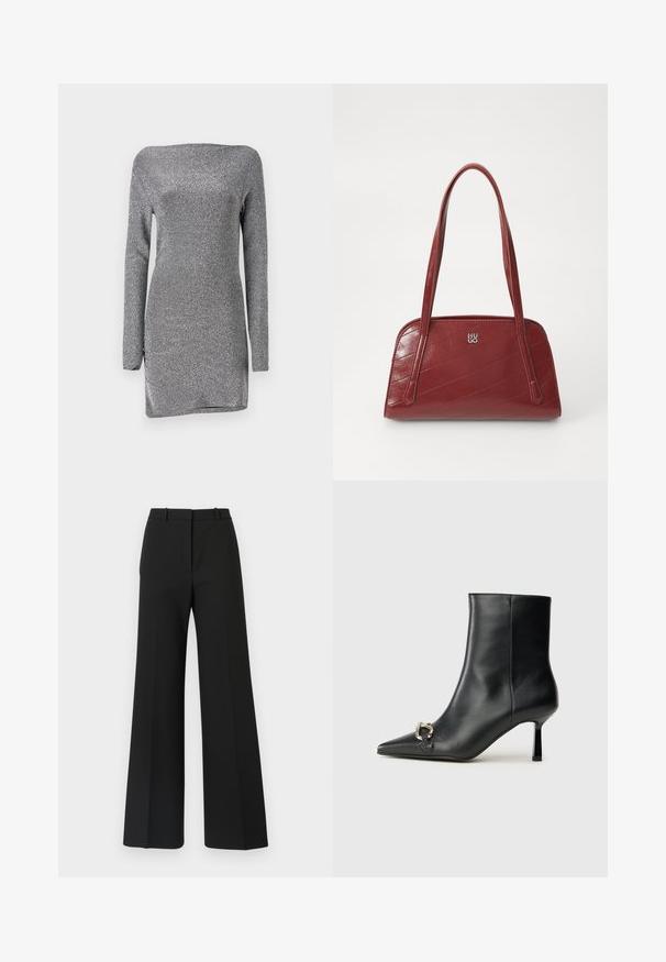 Vestido prateado de mangas longas com uma silhueta ajustada, feito de um tecido texturizado e brilhante, com decote off-the-shoulder e uma fenda lateral.; Calças largas pretas com um design sob medida, apresentando uma textura suave e pregas subtis na frente. Sem detalhes ou padrões visíveis.; Bota preta de couro até ao tornozelo com bico apontado, salto slim de altura média e detalhe em fivela prateada de lado, contra um fundo simples.; Bolsa de mão acolchoada vermelha, feita de um material brilhante, com duas alças longas e um detalhe em logotipo prateado. A costura diagonal cria textura.
