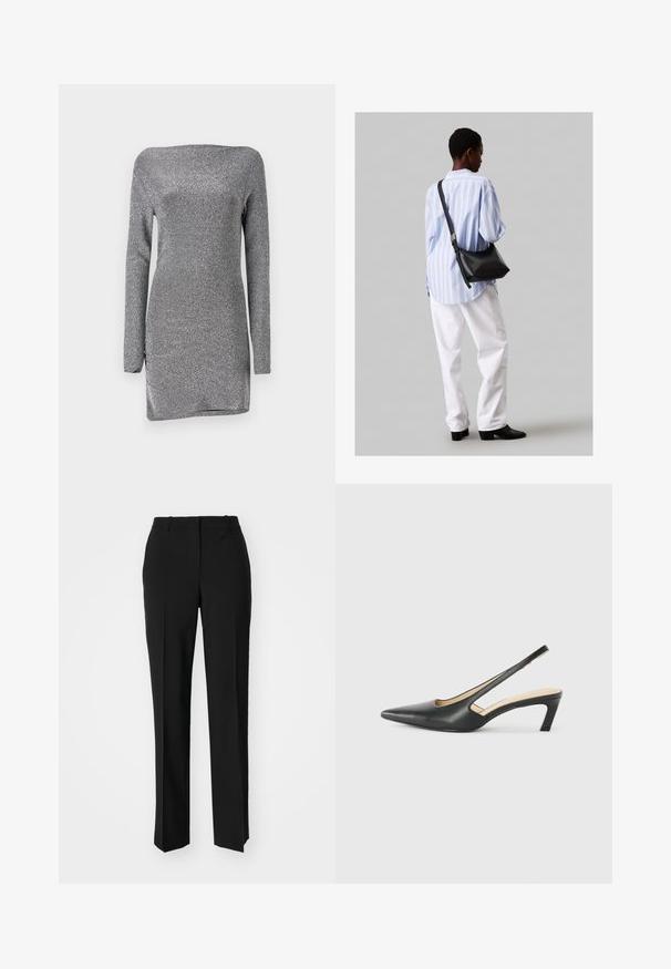 Ezüst, hosszúujjú ruha, formás szabással, textúrált, csillogó anyagból készült, melynek vállt szabadon hagyó nyaka és oldalsó hasítéka van.; Fekete, testhezálló nadrág egyenes szárú kivitelben, sima textúrával és éles redőkkel az elején. Nincs látható fémalkatrész.; Fekete, hegyes orrú, slingback cipő alacsony sarkával, sima bőrből készült, oldalt kivágott deisgnal a légáteresztőképesség érdekében.; Fekete bőr válltáska puha tapintással, háromszög alakú, állítható pánttal, világoskék csíkos inggel és fehér nadrággal párosítva.