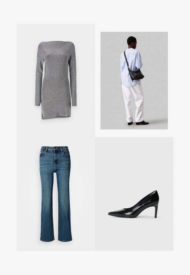 Silver, long-sleeve dress with a fitted silhouette, made of a textured, shimmery fabric, featuring an off-the-shoulder neckline and a side slit.; High-waisted blue jeans made of denim, featuring a straight leg design, subtle fading, and a standard button and zipper closure.; Black leather high heel shoe with a pointed toe, smooth texture, and a tapered heel. Minimalist design, no additional embellishments.; Black leather shoulder bag with a soft texture, triangular shape, and adjustable strap, paired with a light blue striped shirt and white pants.
