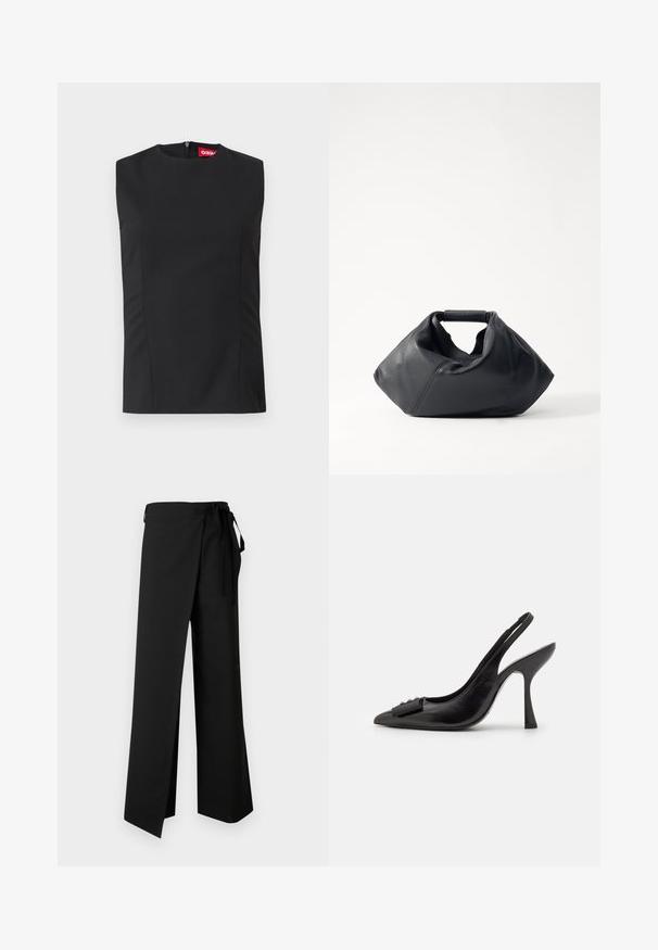 Čierny bezrukávový top s vysokým golierom, prednými záševkami a neviditeľným zipsom na chrbte. Vyrobený z hladkej tkaniny so štruktúrovaným strihom.; Čierne široké nohavice s pásom na zaväzovanie, s hladkou textúrou a predným rozparkom, navrhnuté pre pohodlie a voľnosť pohybu.; Čierne kožené šľapky so špicatou špičkou, úzkym vysokým opätkom a dekoratívnou mašľou. Hladká textura a elegantný dizajn.; Čierna kožená taška s textúrovaným povrchom, unikátnym zvrásneným tvarom a krátkym uchom. Obsahuje jeden hlavný priestor.