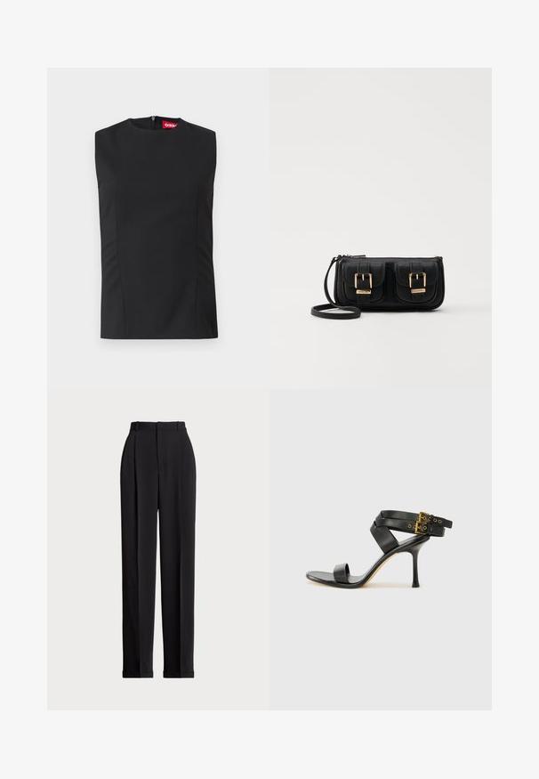 Black sleeveless top with high neckline, front darts, and an invisible back zipper. Made of smooth fabric with a structured fit.; Black tailored trousers with a high waist, featuring pleats at the front, a straight leg design, and a cuffed hem. Made from smooth fabric.; Black heeled sandal with crossed straps and adjustable buckle. Features a smooth texture and tapered stiletto heel.; Black leather crossbody bag with two front pockets, gold buckles, zipper closure, and a slim strap. Textured surface and compact rectangular shape.