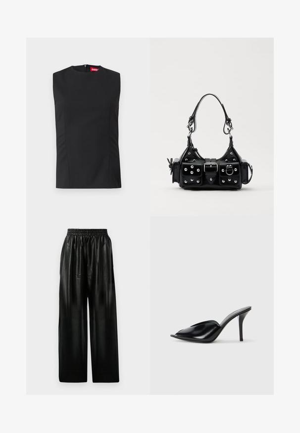 Čierny bezrukávový top s vysokým golierom, prednými záševkami a neviditeľným zipsom na chrbte. Vyrobený z hladkej tkaniny so štruktúrovaným strihom.; Čierne kožené nohavice s širokými nohavicami a elastickým pásom, so štyrmi bočnými vreckami a hladkou, lesklou textúrou.; Čierne kožené vysoké podpätky s otvorenou špičkou, špicatý dizajn, hladká textúra a štíhly stiletto podpätok.; Čierna kožená kabelka s zakriveným dizajnom, doplnená striebornými cvočkami, prackou a dvoma bočnými vreckami. Nastaviteľný popruh poskytuje rôzne možnosti nosenia.