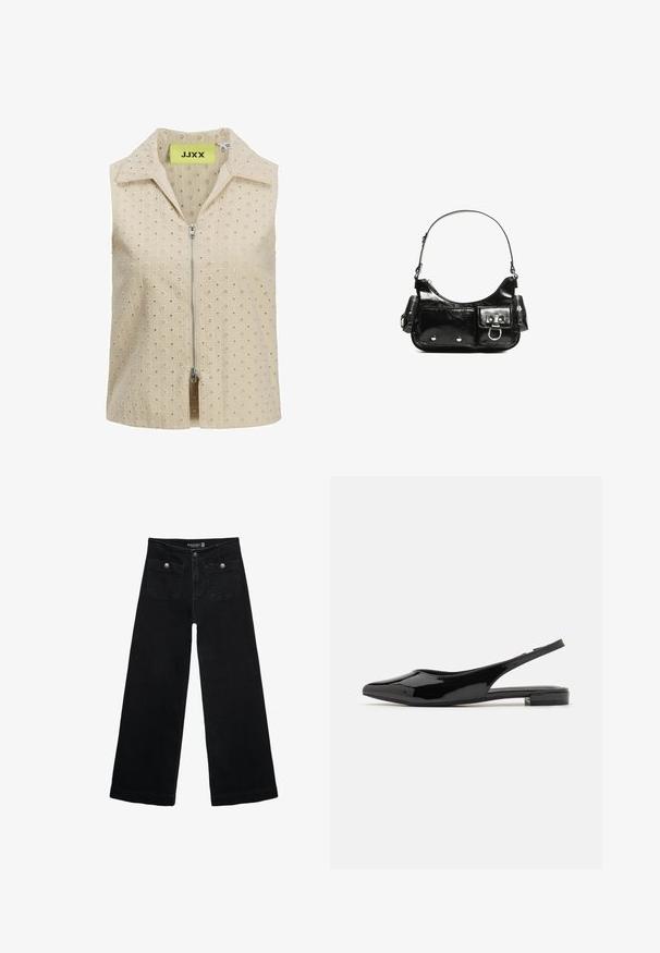 Bež majica bez rukava s patentnim zatvaračem sprijeda, koja sadrži teksturirani uzorak malih cvjetnih motiva i oštar ovratnik. Označena marka vidljiva unutra.; Crne široke traperice s visokim strukom, koje imaju dva prednja džepa i metalne gumbe kao ukrase. Tkanina ima glatku teksturu.; Crne patentne kožne cipele s otvorenom petom, šiljastog vrha i niskom blok petom. Glatka tekstura, minimalistički dizajn, otvorena stražnja strana i elegantna silueta.; Crna patentna kožna torba s zakrivljenim oblikom, jednim remenom za rame, prednjim džepovima i akcentima od srebrnog tona.