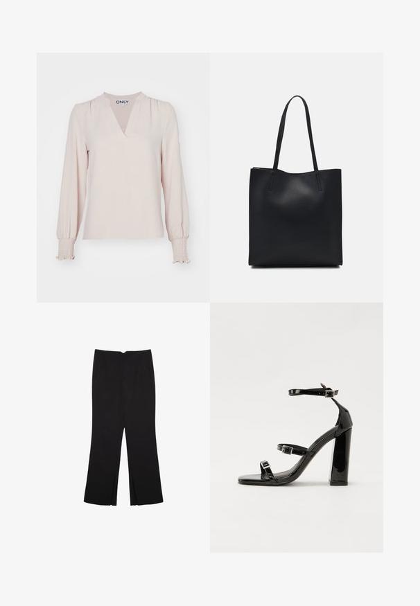 Bluzka z długim rękawem w odcieniu blush, z dekoltem w kształcie litery V, marszczeniami na ramionach i ściągaczami przy mankietach, wykonana z lekkiego materiału. Prosty, elegancki design.; Czarne spodnie o prostym kroju, z przednimi kieszeniami i bocznymi rozcięciami na dole. Wykonane z miękkiego, gładkiego materiału. Odpowiednie na różne okazje.; Czarne lakierowane sandały na obcasie z kwadratowym noskiem, z paskami wokół kostki i srebrnymi klamrami. Posiadają masywny słupek dla stabilności.; Czarna skórzana torba tote o gładkiej fakturze, prostokątnym kształcie i dwóch długich uchwytach. Brak widocznych elementów metalowych i ozdób.