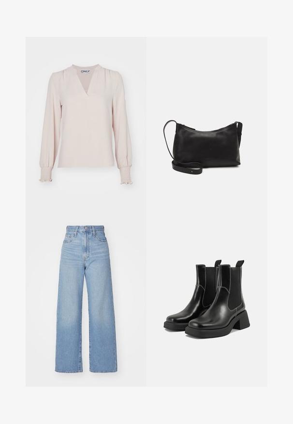 Ilga rankovė rožinė bluzė su V formos iškirpte, susiraukšlėtomis pečių dalimis ir smulkiai sukurtomis rankovėmis, pagaminta iš lengvo audinio. Paprastas, elegantiškas dizainas.; Šviesiai mėlynos aukšto liemens plačios kojos džinsai su priekiniais užtrauktukais ir sagom, priekinėmis ir galinėmis kišenėmis, ant baltos fono.; Juodos odinės Chelsea botai su storiu kulnu, elastinėmis šoninėmis panelėmis ir kontrastinga balta siūle. Tekstūruota apdaila.; Juodas odinis petinis krepšys su lygiu paviršiumi, išlenkta forma, reguliuojama dirželiu ir užtrauktuku. Minimalistinis dizainas be puošmenų.