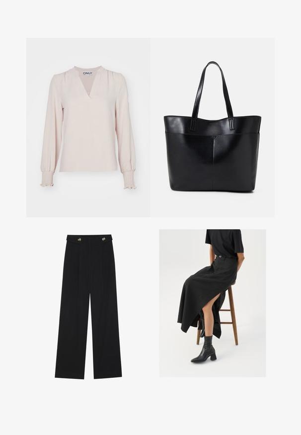 Gaišrozā blūze ar garām piedurknēm, V-veida kakla izgriezumu, savilktām plecu daļām un savīļotiem aprocēm, izgatavota no viegla materiāla. Vienkāršs, elegants dizains.; Melnas platās bikses ar augstu jostasvietu, pogu detaļām uz jostas un priekšējām krokām.; Melna lina maxi svārki ar augstu šķēlumu, valkāti ar melnu T-kreklu un melniem potīšu zābakiem. Minimālistisks dizains ar brīvu piegriezumu.; Melnas ādas iepirkumu soma ar divām garām rokturām, gludu tekstūru un strukturētu formu. Iekļauj priekšējo kabatu papildu uzglabāšanai.; Sudraba riņķveida auss gredzeni ar gludu, pulētu apdari. Apaļa forma un drošs klikšķa augšējais slēgums. Viegls dizains, kas piemērots ikdienas valkāšanai.